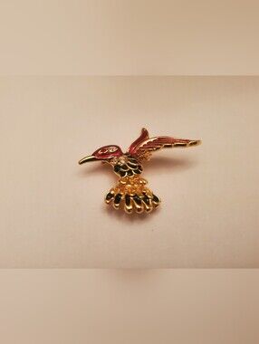 Gold Hummingbird Brooch with Red and Black Enamel